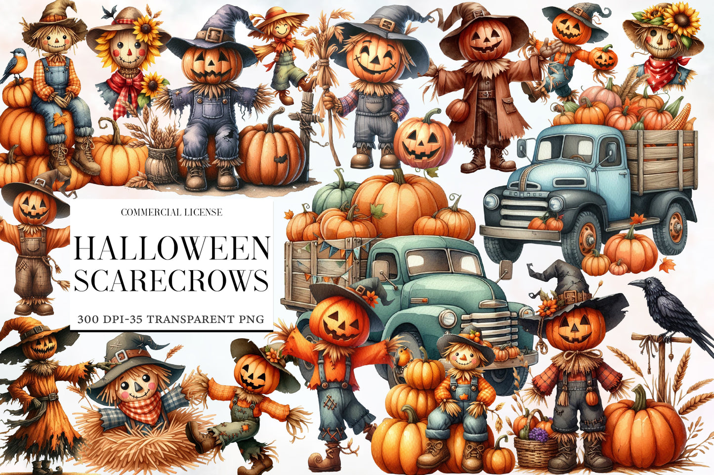 Halloween Scarecrow Clipart PNG | Pumpkin Scarecrow & Fall Farm Truck Clipart, Autumn Harvest PNG,
