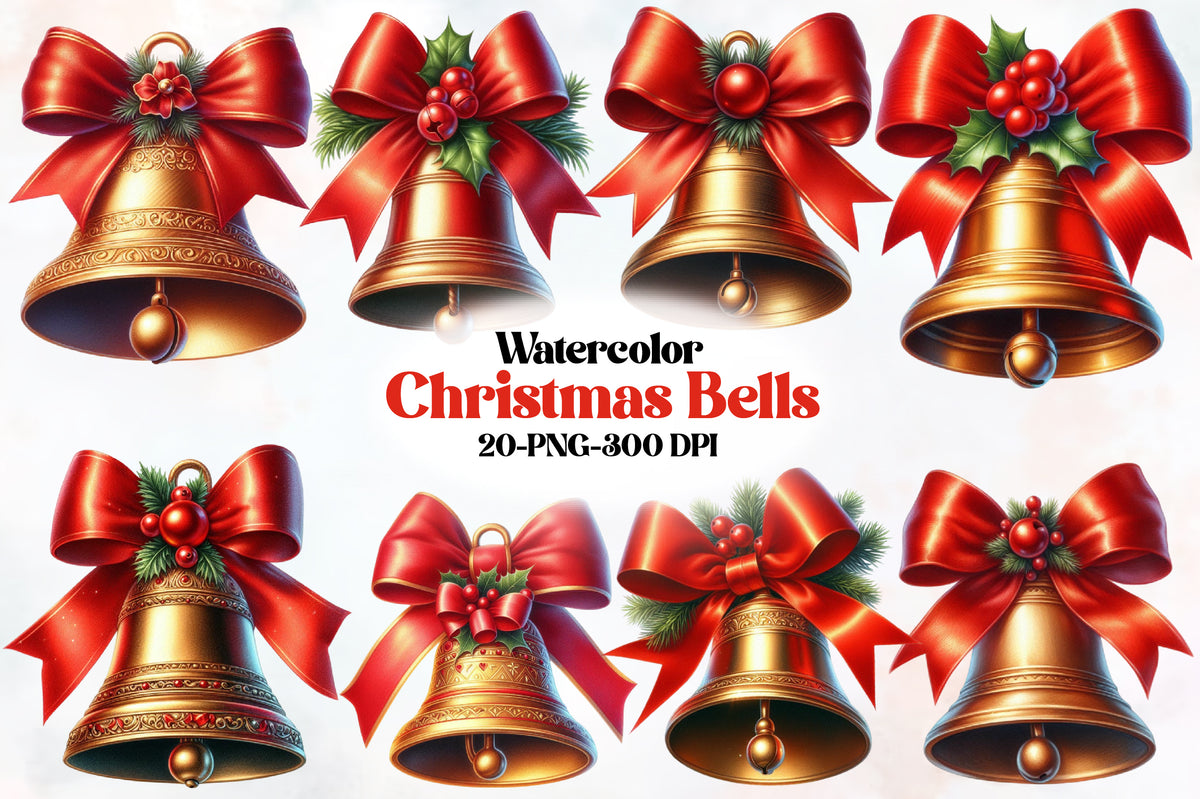 Watercolor Christmas Bells PNG Bundle 20 Festive Holiday Bell Clipart