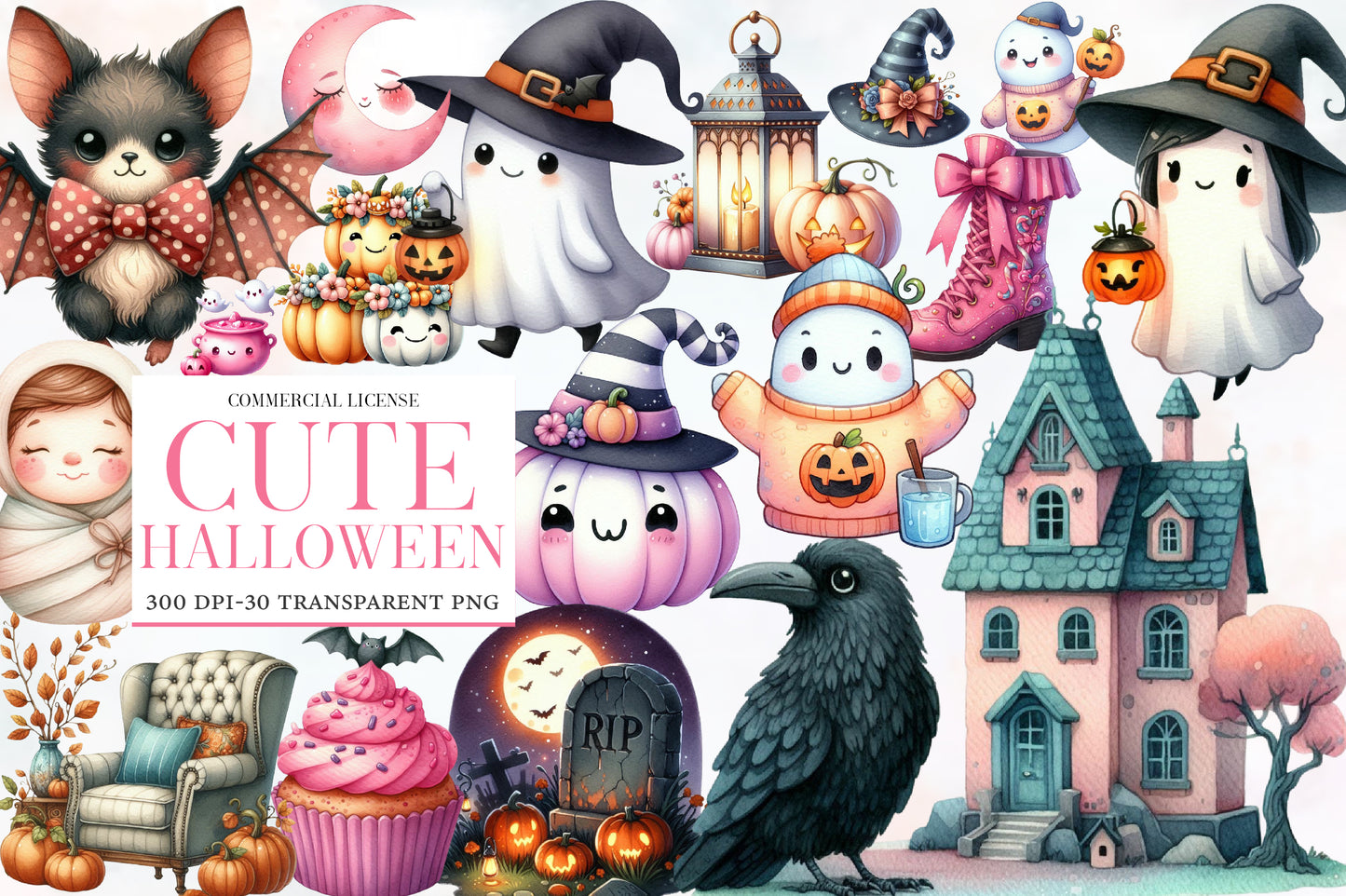 Cute Halloween Watercolor Clipart PNG Bundle | Halloween Clipart, Kawaii Halloween PNG
