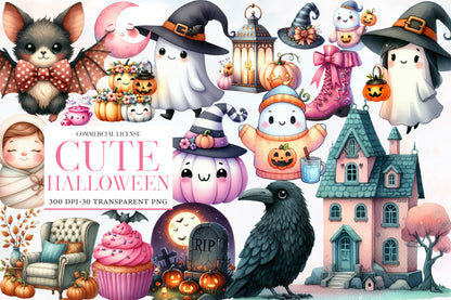 Cute Halloween Watercolor Clipart PNG Bundle | Halloween Clipart, Kawaii Halloween PNG