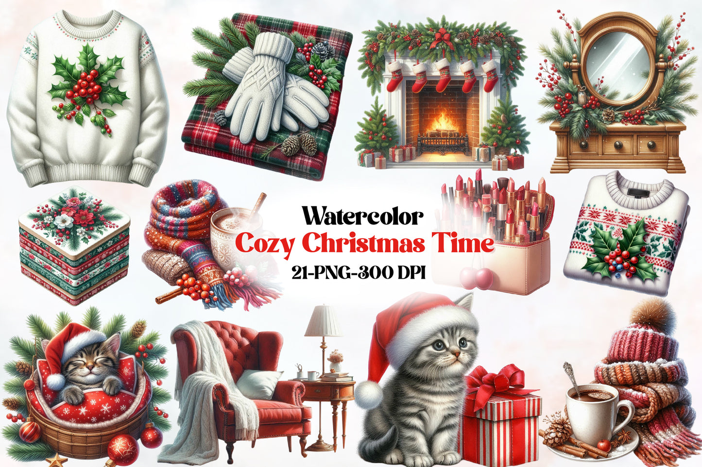 Watercolor Cozy Christmas Time Clipart PNG Bundle | Winter Holiday Home, Sweaters, Fireplace & Cozy Christmas Designs