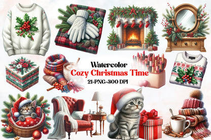 Watercolor Cozy Christmas Time Clipart PNG Bundle | Winter Holiday Home, Sweaters, Fireplace & Cozy Christmas Designs