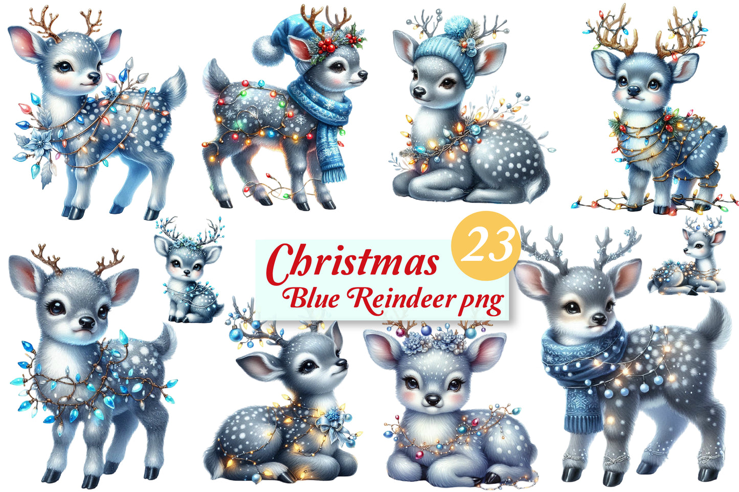 23 Christmas Blue Reindeer PNG Bundle Watercolor Winter Deer Clipart