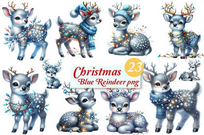 23 Christmas Blue Reindeer PNG Bundle Watercolor Winter Deer Clipart