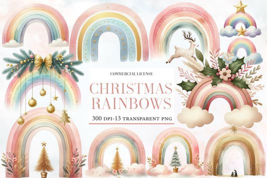 Christmas Pastel Rainbows Clipart PNG Bundle | Watercolor Pastel Christmas Rainbow Clipart | Cute Holiday Sublimation PNG