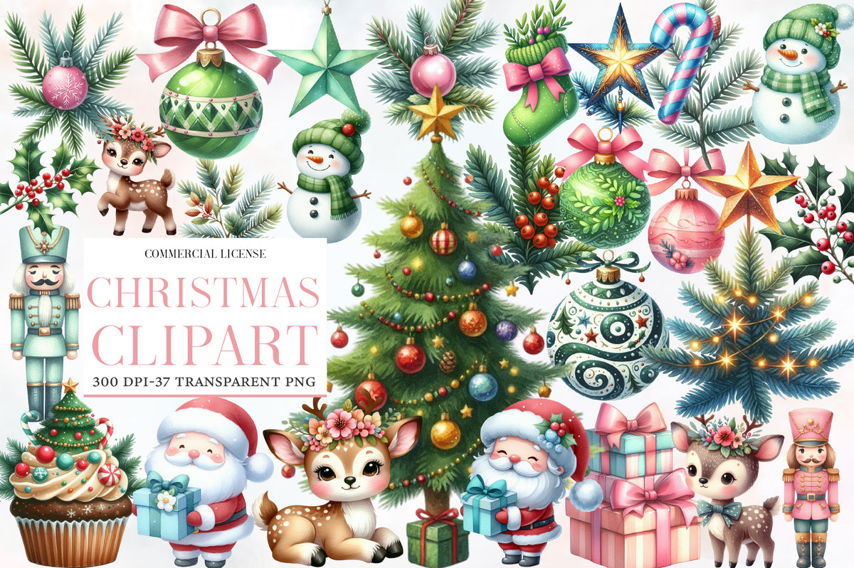 Christmas Clipart PNG Bundle | Watercolor Christmas Ornaments, Christmas Tree, Deer, Snowman, Santa, Nutcracker, Gifts & Winter Elements