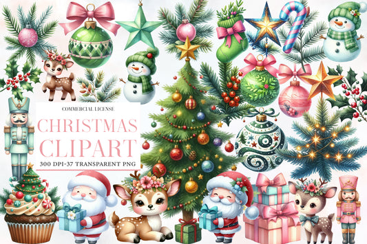 Christmas Clipart PNG Bundle | Watercolor Christmas Ornaments, Christmas Tree, Deer, Snowman, Santa, Nutcracker, Gifts & Winter Elements