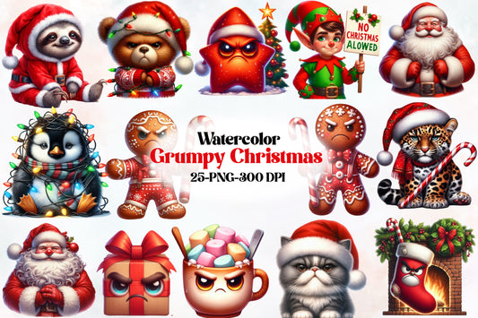 Grumpy Christmas PNG Bundle 25 Funny Watercolor Christmas Clipart