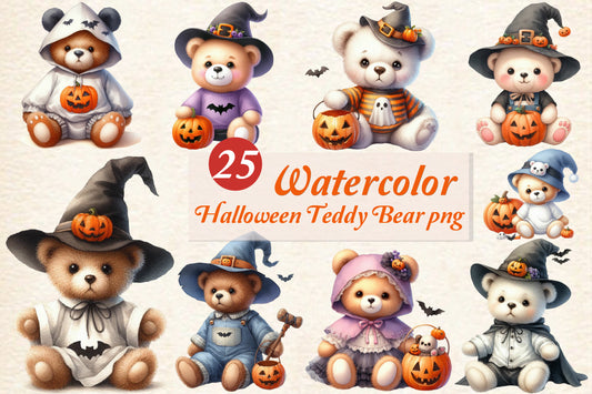 25 Watercolor Halloween Teddy Bear PNG Bundle Cute Bear Clipart