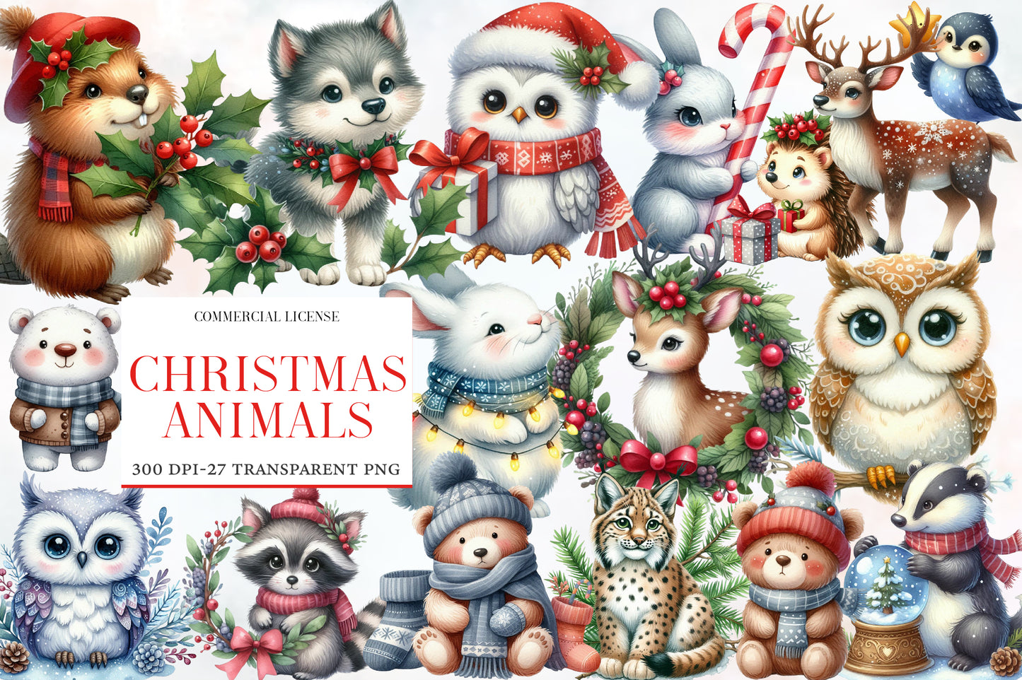 Christmas Animals Sublimation Clipart PNG Bundle | Watercolor Cute Holiday Animal Clipart | Festive Christmas Animals PNG