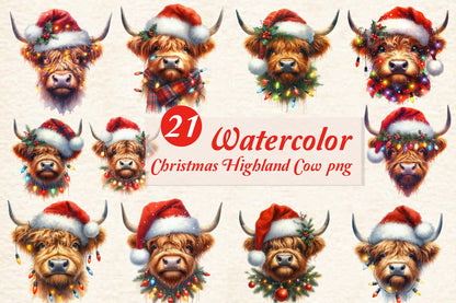 Christmas Highland Cow PNG Bundle | Watercolor Highland Cow, Christmas Cow & Festive Highland Cattle Clipart