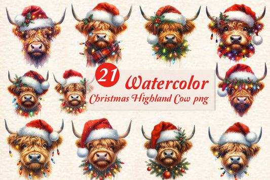 Christmas Highland Cow PNG Bundle | Watercolor Highland Cow, Christmas Cow & Festive Highland Cattle Clipart