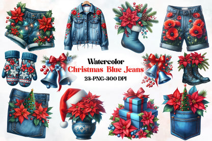 Christmas Blue Jeans PNG Clipart Bundle | Watercolor Denim Christmas, Poinsettia Jeans, Boots, Bells & Holiday Designs
