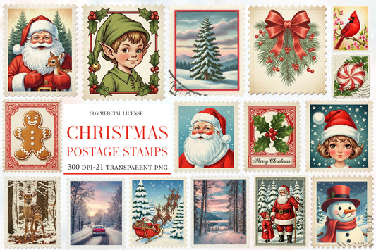 Christmas Postage Stamps Clipart PNG Bundle | Watercolor Vintage Christmas Postage Stamp Clipart | Holiday Mail Sublimation PNG