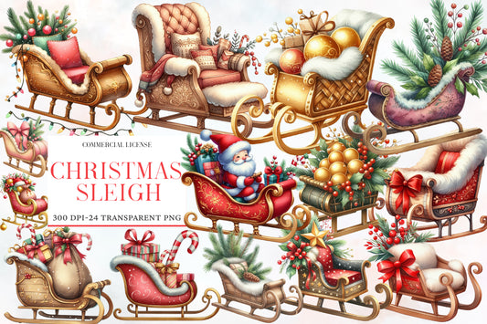 Christmas Sleigh Sublimation Clipart PNG Bundle | Watercolor Santa Sleigh Christmas Clipart | Festive Holiday Sleigh PNG