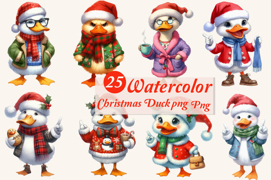 25 Watercolor Christmas Duck PNG Bundle Cute Holiday Duck Clipart