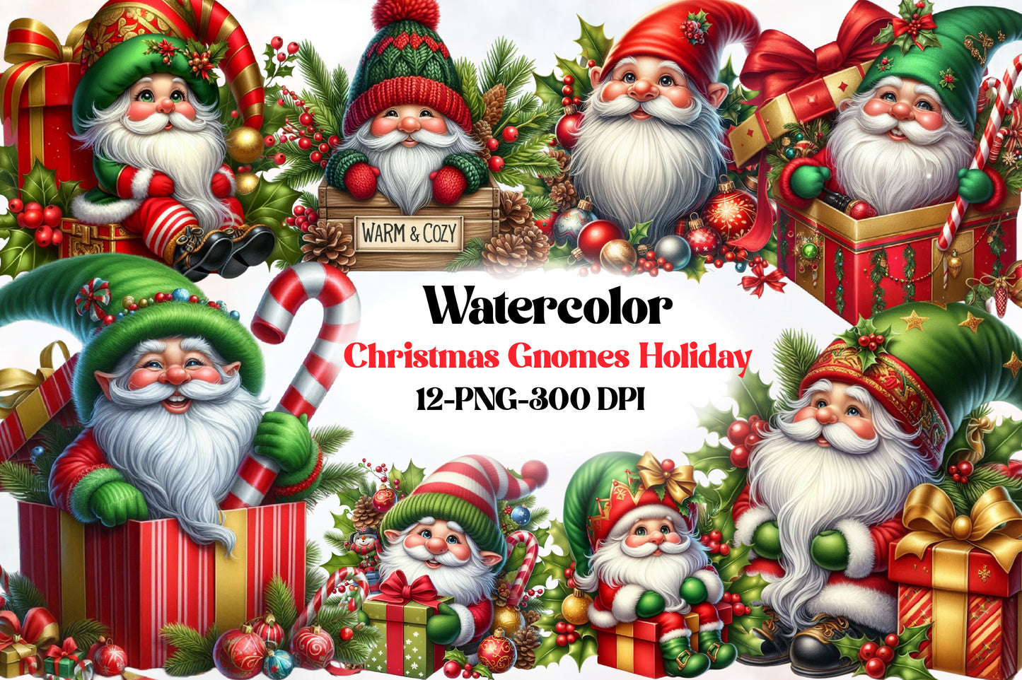 Watercolor Christmas Gnomes Clipart PNG Bundle | Cute Santa Gnome Holiday Designs