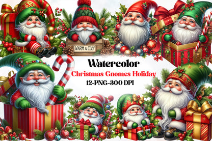 Watercolor Christmas Gnomes Clipart PNG Bundle | Cute Santa Gnome Holiday Designs