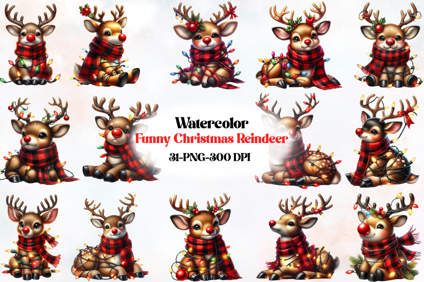 Funny Christmas Reindeer PNG Bundle Watercolor Cute Reindeer Clipart