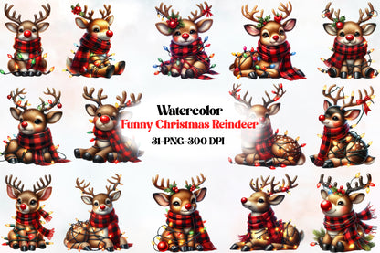 Funny Christmas Reindeer PNG Bundle Watercolor Cute Reindeer Clipart