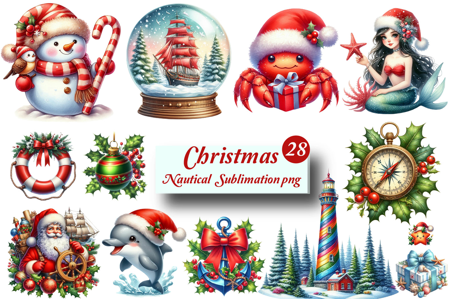 28 Christmas Nautical Sublimation PNG Coastal Ocean Winter Clipart Bundle