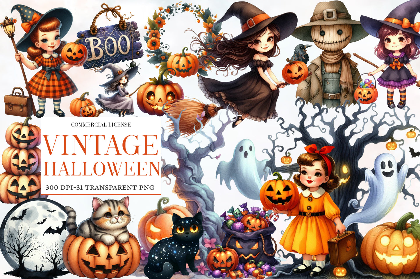 Vintage Halloween Clipart Bundle PNG | Retro Pumpkin, Witch, Ghost, Black Cat, Bat & Haunted House | Spooky Sublimation