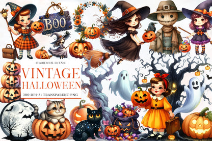 Vintage Halloween Clipart Bundle PNG | Retro Pumpkin, Witch, Ghost, Black Cat, Bat & Haunted House | Spooky Sublimation
