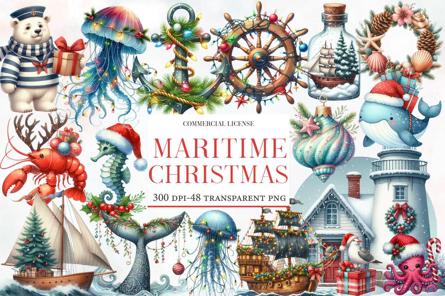 Maritime Christmas Clipart PNG Bundle | Nautical Christmas Watercolor Clipart | Coastal Holiday Sublimation PNG