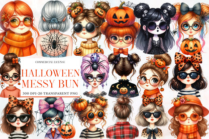 Halloween Messy Bun Clipart PNG | Halloween Girl PNG, Messy Bun Hairstyle Clipart,
