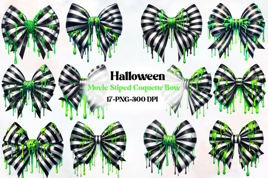 Halloween Striped Coquette Bow PNG Bundle Green Drip Bow Clipart