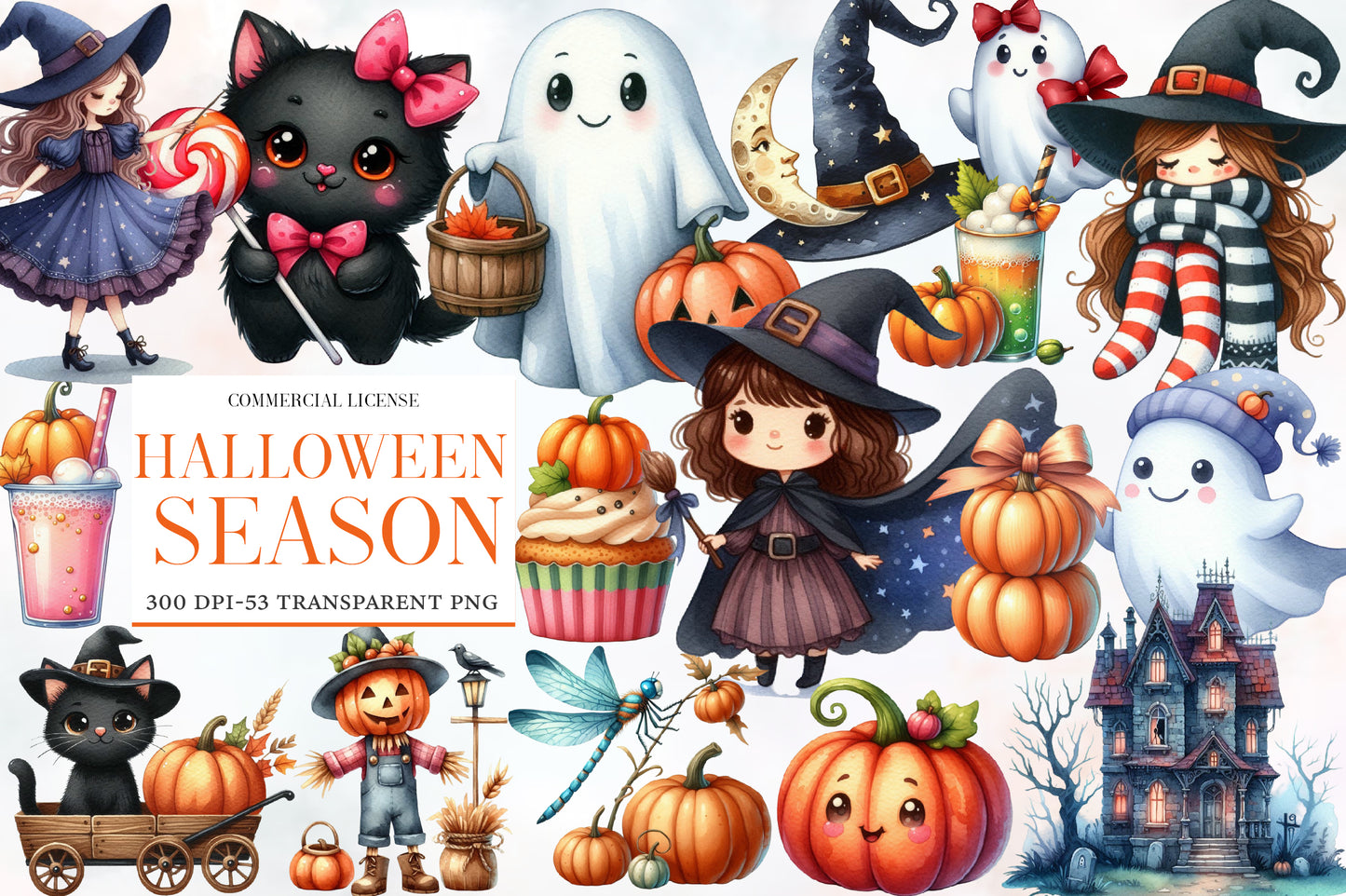 Halloween Season Clipart PNG Bundle | 53 Cute Halloween Witch Ghost Pumpkin Clipart