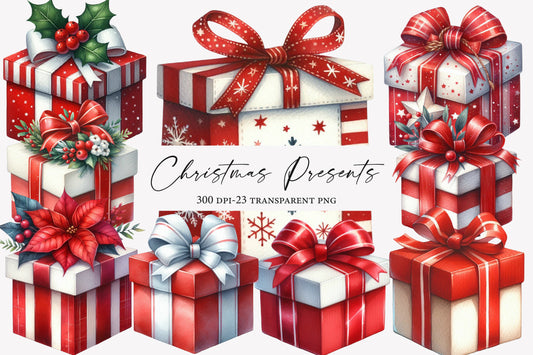 Christmas Presents & Wrapping Clipart PNG Bundle | Watercolor Christmas Gifts & Wrapping Clipart | Holiday Gift Sublimation PNG