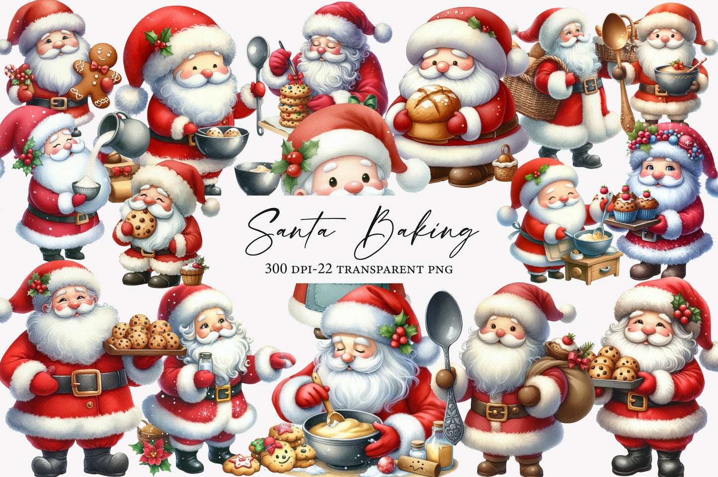 Santa Baking Watercolor Clipart PNG Bundle | Christmas Baking Santa PNG | Santa Baker Sublimation