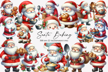 Santa Baking Watercolor Clipart PNG Bundle | Christmas Baking Santa PNG | Santa Baker Sublimation