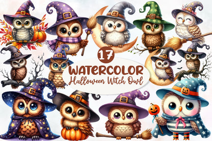 Watercolor Halloween Witch Owl Clipart PNG Bundle | Cute Owl Witch PNG