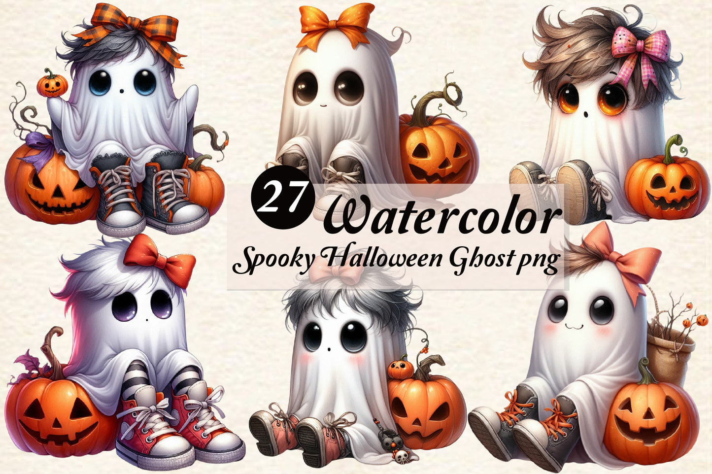 27 Watercolor Spooky Halloween Ghost PNG Clipart Bundle Cute Pumpkin