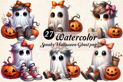 27 Watercolor Spooky Halloween Ghost PNG Clipart Bundle Cute Pumpkin