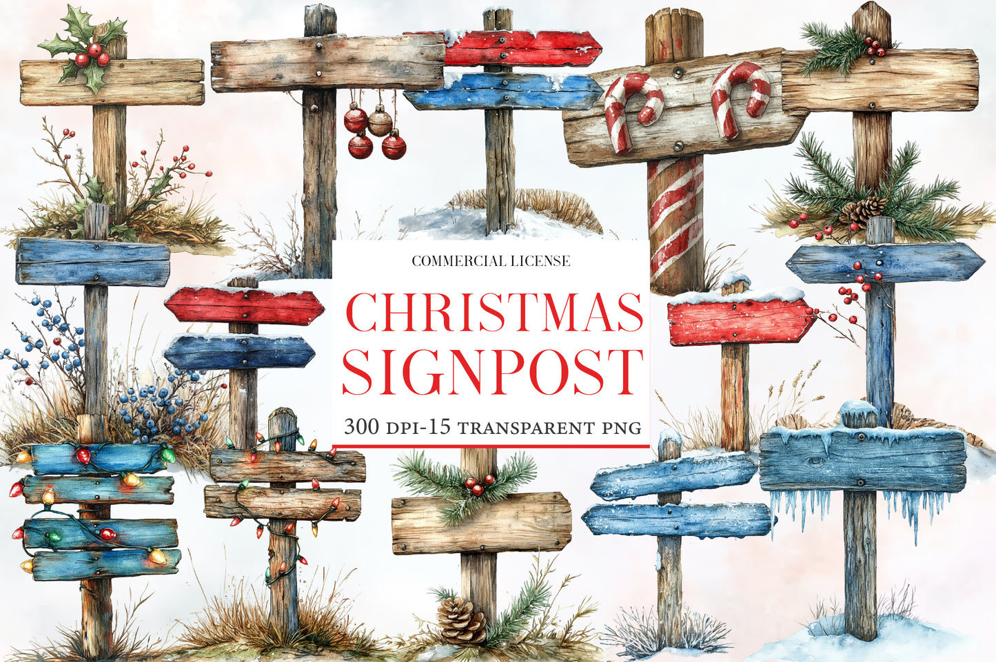 Christmas Signpost Clipart PNG Bundle | Watercolor Festive Christmas Signpost Clipart | Holiday Direction Sign Sublimation PNG