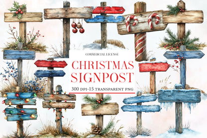 Christmas Signpost Clipart PNG Bundle | Watercolor Festive Christmas Signpost Clipart | Holiday Direction Sign Sublimation PNG