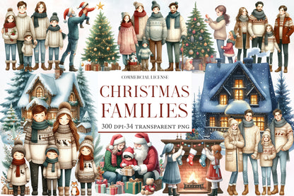 Christmas Winter Families Clipart PNG Bundle | Cozy Family Christmas Watercolor Clipart | Winter Holiday Family Sublimation PNG