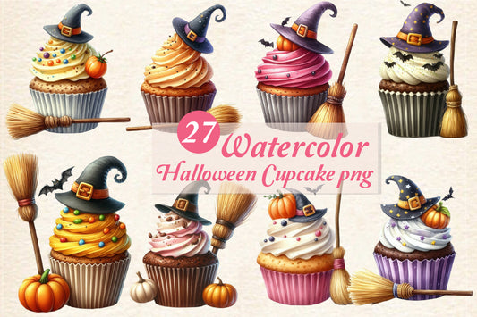 27 Watercolor Halloween Cupcake PNG Bundle Witch Hat Spooky Baking Clipart