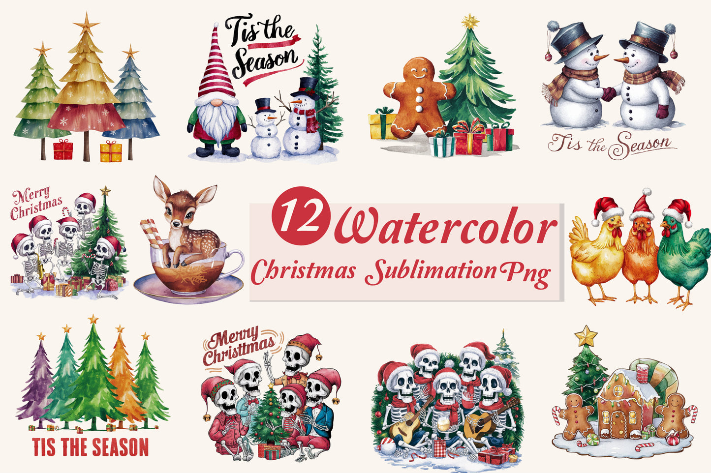 12 Watercolor Christmas Sublimation PNG Holiday Clipart Bundle
