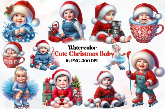 Watercolor Cute Christmas Baby PNG Bundle Holiday Baby Clipart