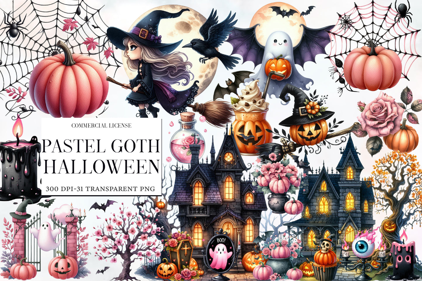Pastel Goth Halloween Clipart PNG Bundle | Gothic Halloween Watercolor Clipart | Pink Halloween Sublimation PNG