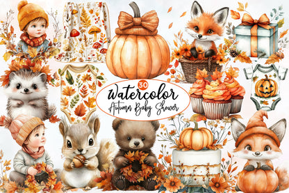 Autumn Baby Shower Clipart PNG Bundle | Watercolor Fall Baby Shower Clipart | Boho Pumpkin Baby PNG