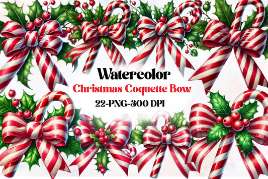 Christmas Coquette Bow Clipart PNG Bundle | Candy Cane Bow, Holly Berry, Christmas Ribbon & Festive Watercolor Designs