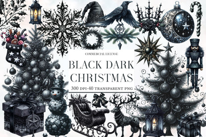 Black Dark Christmas Clipart PNG Bundle | Gothic Watercolor Christmas Clipart | Moody Holiday PNG
