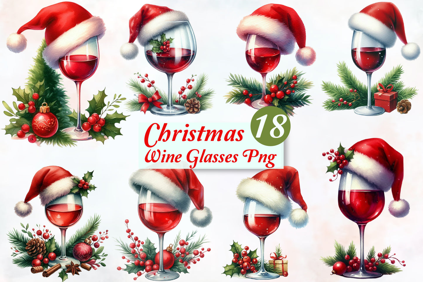 Christmas Wine Glasses PNG Bundle 18 Festive Wine Clipart