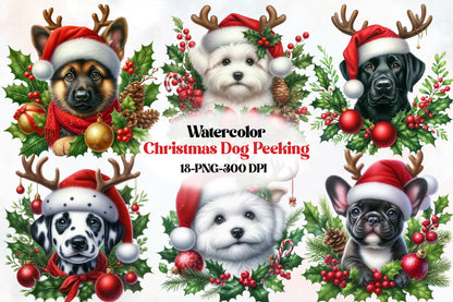 18 Christmas Dog Peeking PNG Clipart Bundle Watercolor Cute Holiday Puppy