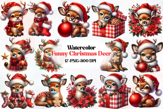 Funny Christmas Deer PNG Bundle Watercolor Reindeer Holiday Clipart